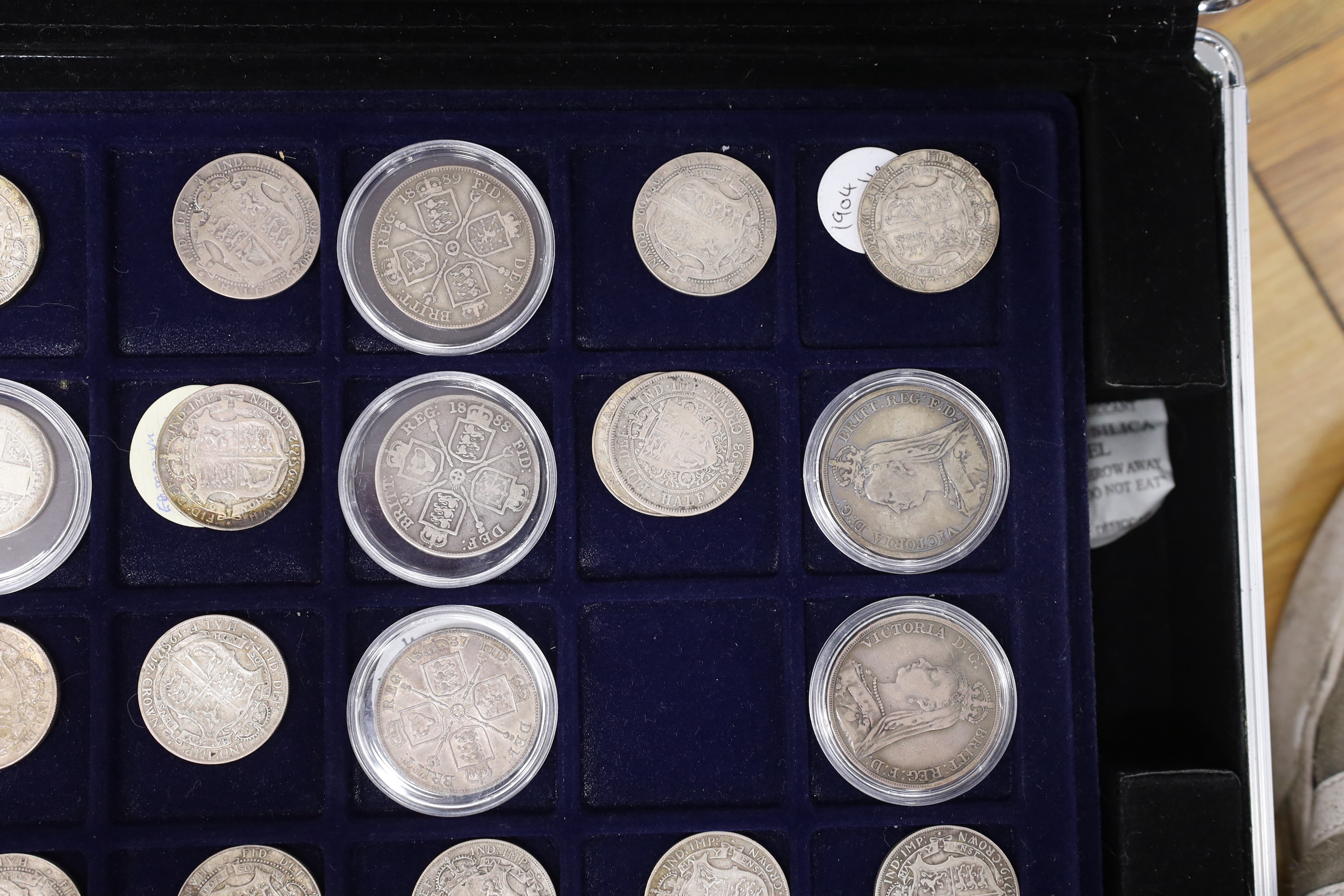 UK coins, a case of George III to George VI silver crowns, half crowns, florins, shillings, 6d, 3d, pennies etc